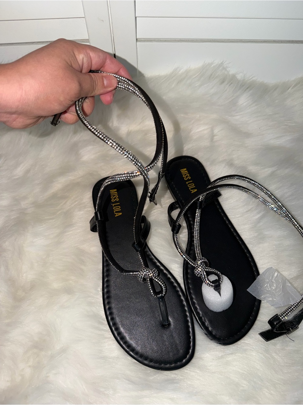 Miss Lola Black Rhinestone Knot T-Strap Sandals - Picture 3 of 4